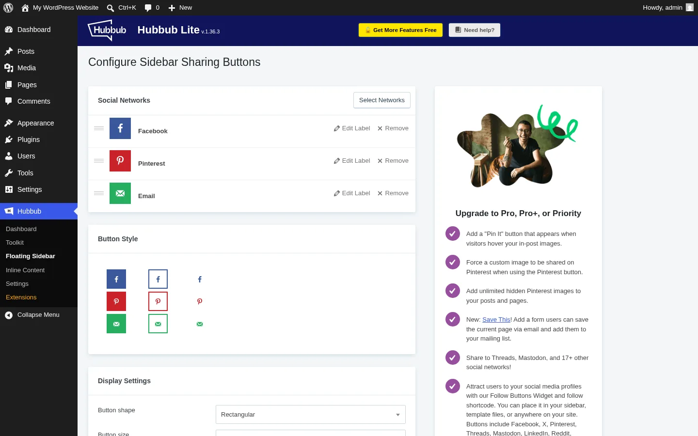 Hubbub Lite Floating Sidebar settings page