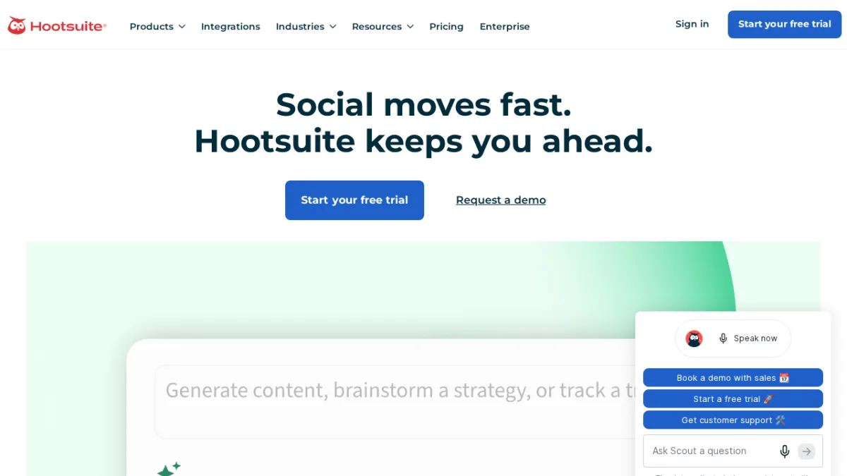 Hootsuite-Startseite zeigt eine Enterprise-Social-Media-Management-Plattform mit KI-gestützten Funktionen