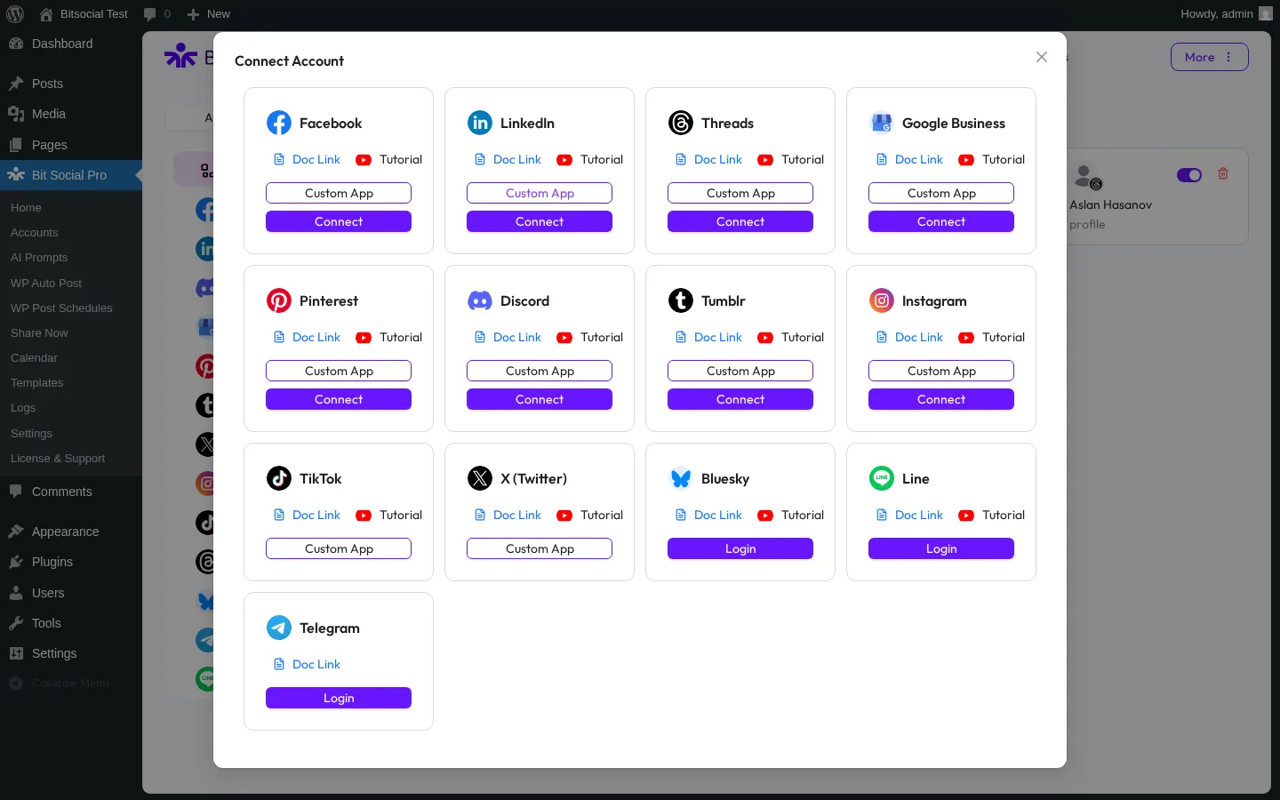 Bit Social Connect Account modal showing all 13 supported social networks including Facebook, LinkedIn, Threads, Pinterest, TikTok, X, Bluesky, and Telegram