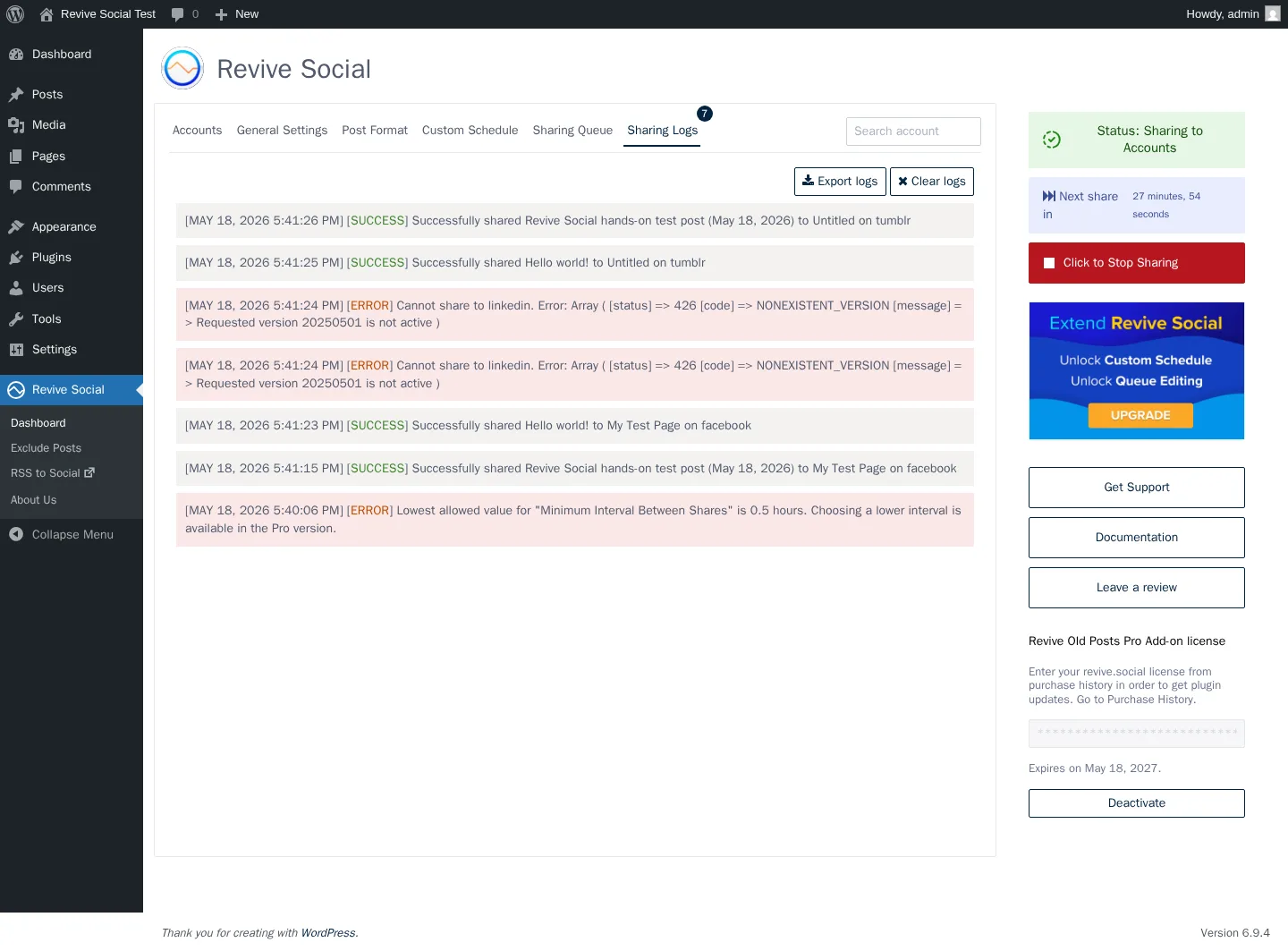 Revive Social Sharing Logs showing successful Facebook and Tumblr shares alongside a LinkedIn error caused by the connector using an outdated LinkedIn API version