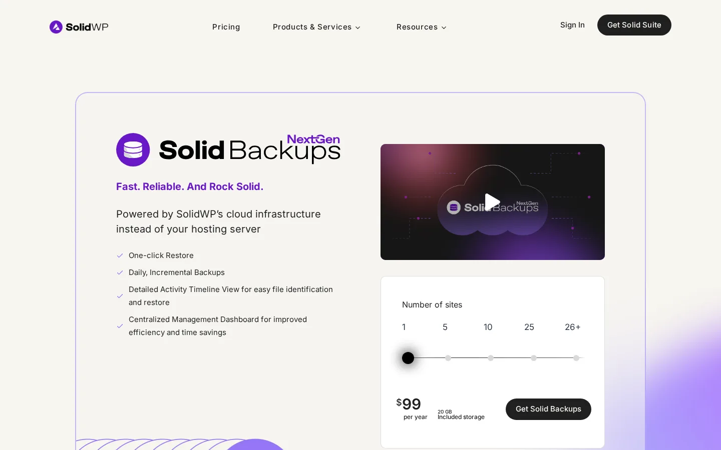 Solid Backups official product page pricing and feature hero