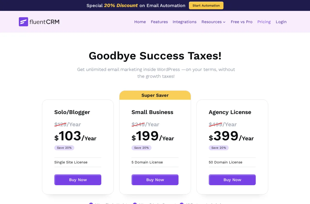 أسعار FluentCRM السنوية لإدارة CRM وأتمتة البريد في ووردبريس