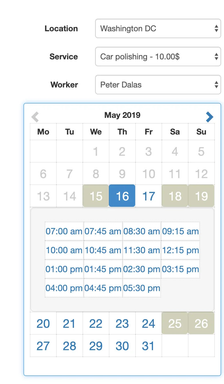 نموذج حجز Easy Appointments بقوائم منسدلة للموقع والخدمة وعرض التقويم واختيار الفترة الزمنية