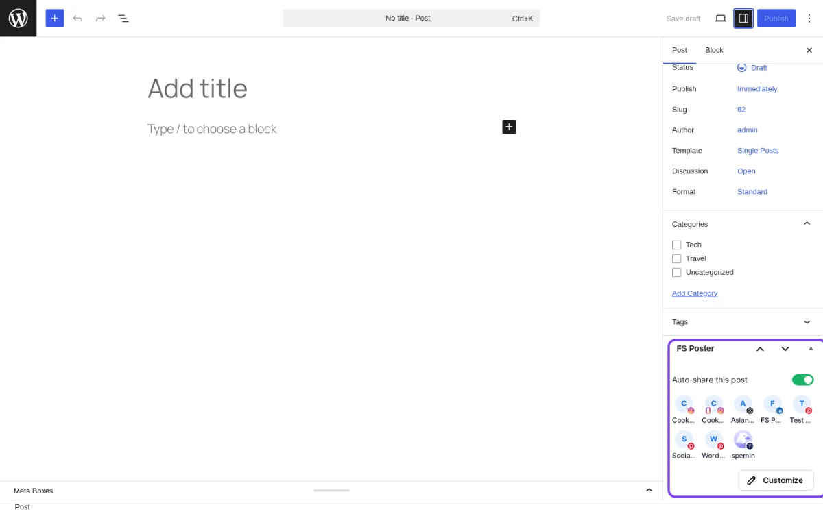 WordPress New Post screen with the FS Poster panel highlighted in the right sidebar, showing the Auto-share this post toggle on and the channel-avatar row for the connected Instagram, Facebook, LinkedIn, Threads, Pinterest, and Truth Social accounts, plus a Customize button