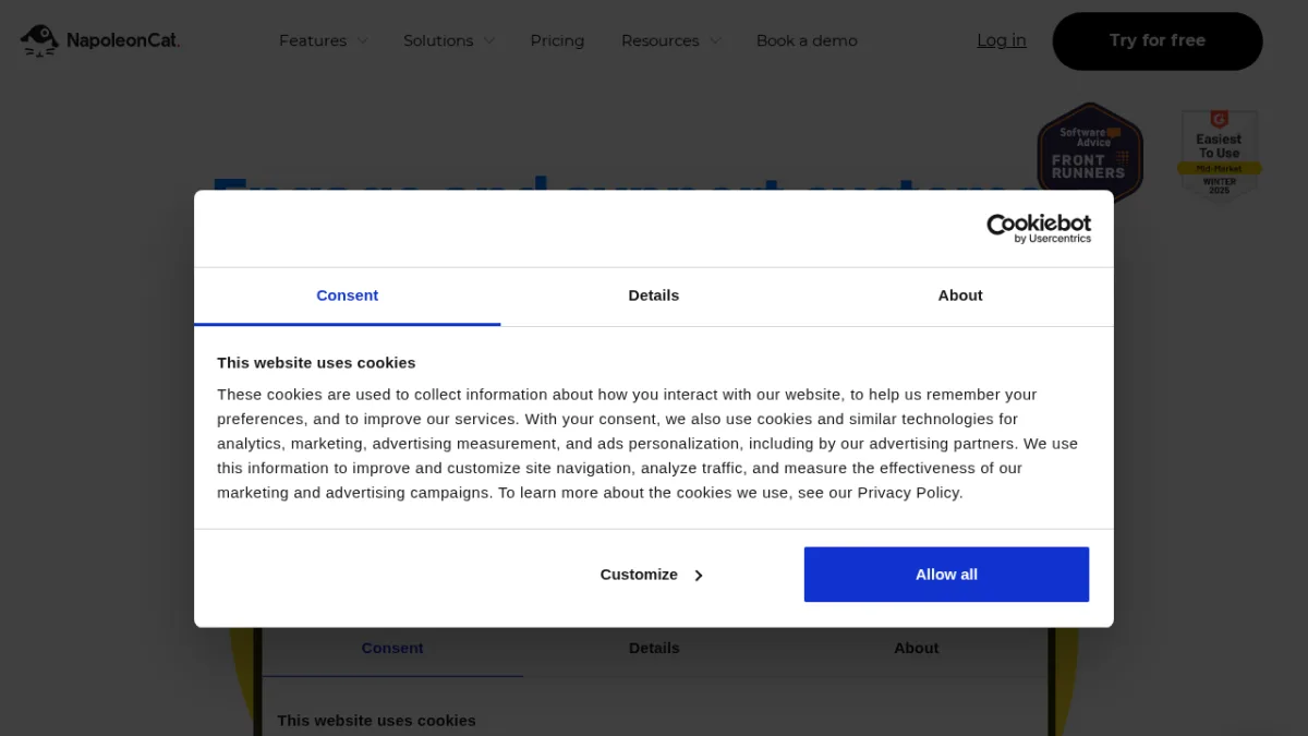 NapoleonCat-Startseite zeigt eine Social-Media-Management-Plattform mit Fokus auf Inbox und Moderation
