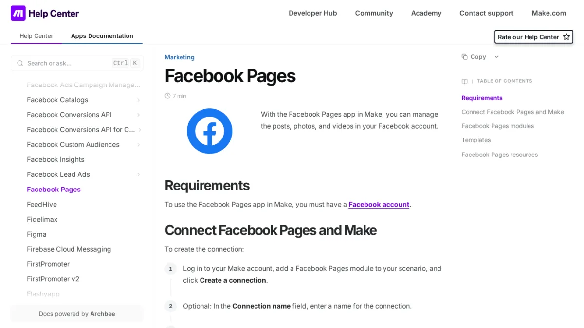 Make Help Center Facebook Pages app documentation page showing Requirements, the Connect Facebook Pages and Make walkthrough and the sidebar list of Facebook related Make apps