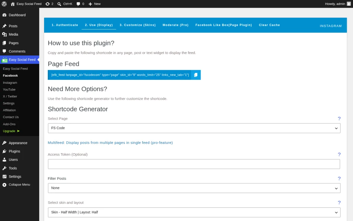 Pestaña Uso (Mostrar) del módulo Facebook con el shortcode auto-generado y el formulario completo del generador de shortcodes, con insignias Pro en Filtro de publicaciones, Cargar más y Live Stream