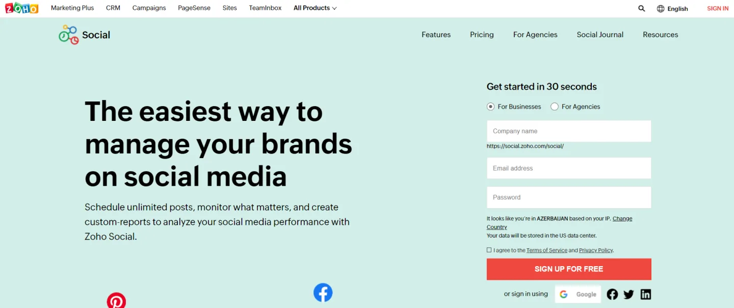 Zoho Social management dashboard