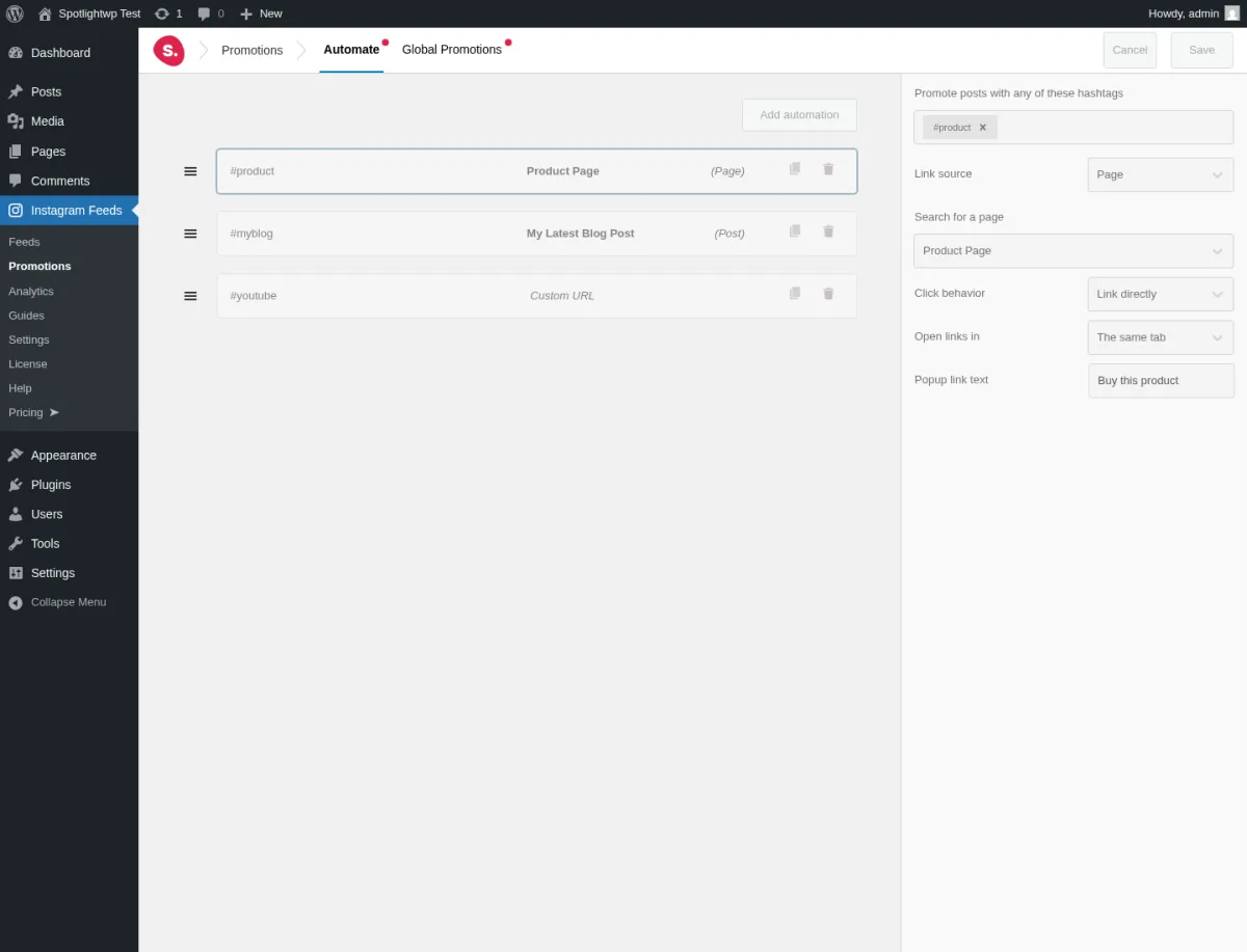 Pantalla Promotions de SpotlightWP mostrando tres reglas demo Automate: #product → Página de producto, #myblog → Mi última entrada del blog, #youtube → URL personalizada