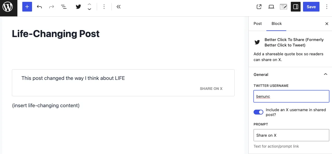 Better Click to Tweet WordPress plugin showing a styled Click to Tweet block with pre-written tweet quote inside a post body