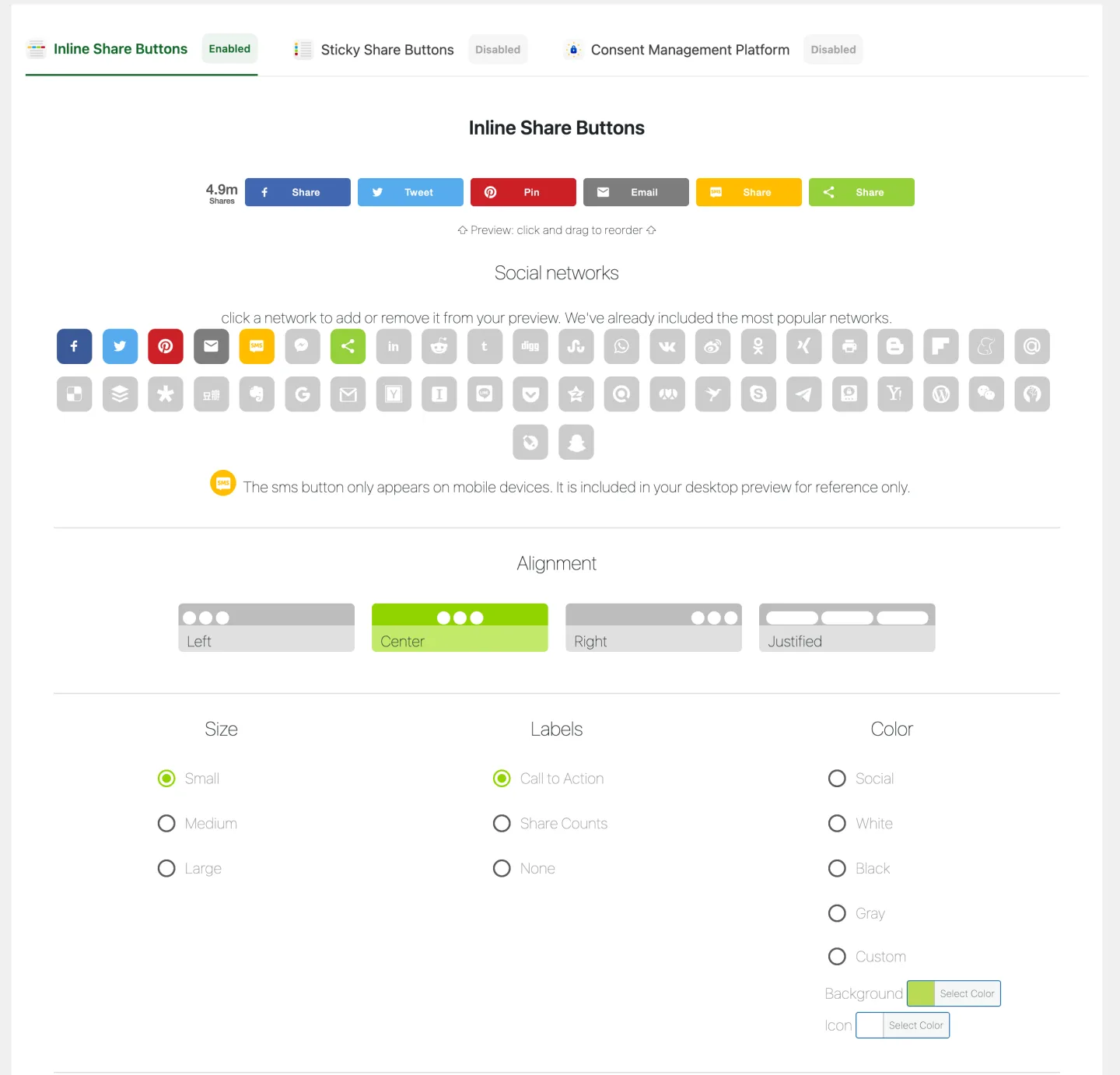 ShareThis Share Buttons admin — Inline tab (vendor screenshot)