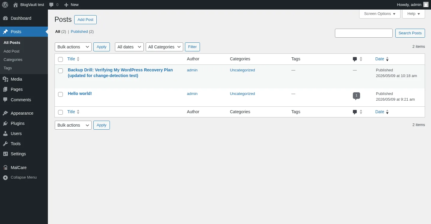 Publicación de WordPress renombrada utilizada para preparar el escenario de detección de cambios