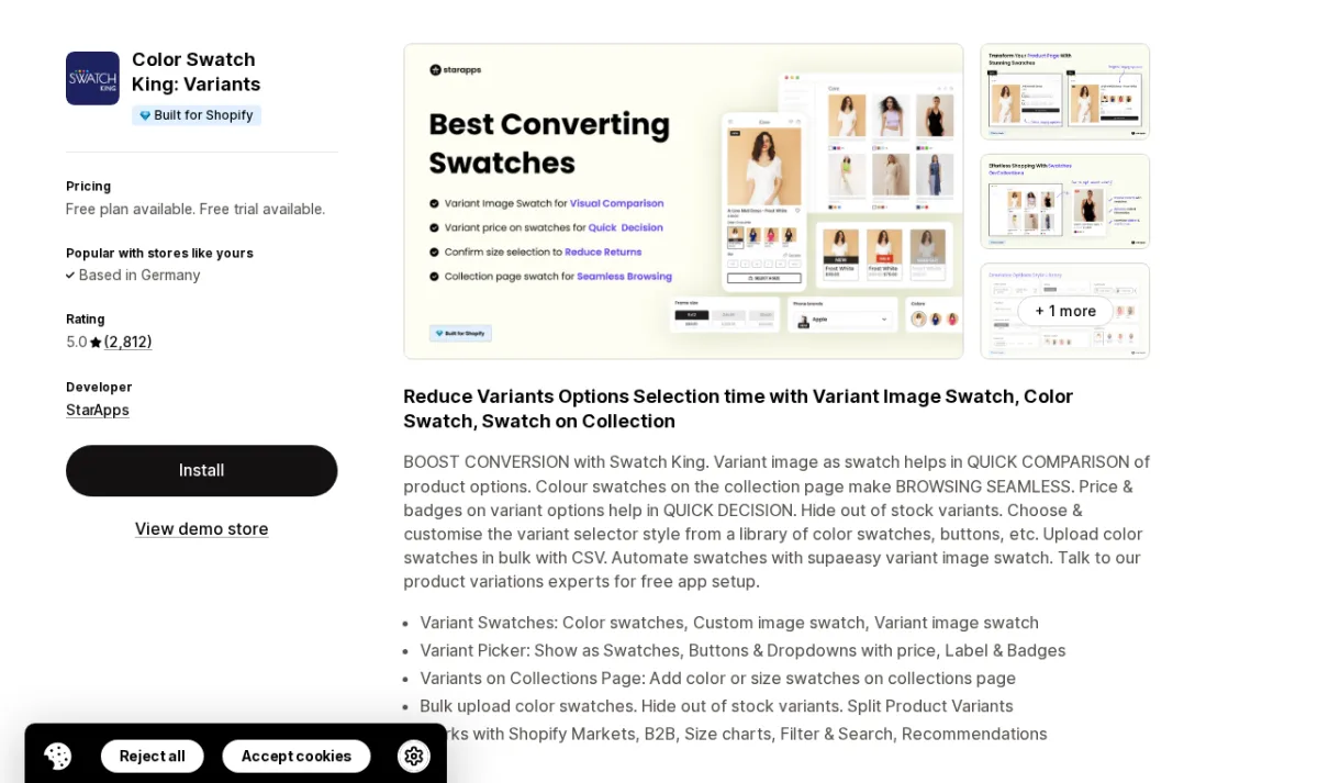 Color Swatch King Variants Shopify App Store listing