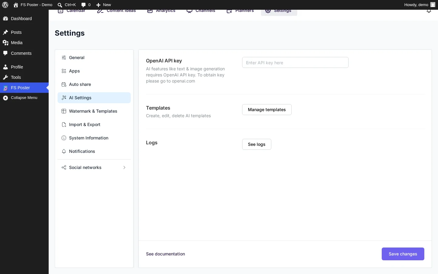 FS Poster AI Settings showing the OpenAI key field, caption templates, and AI activity logs