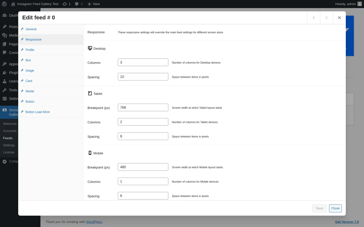Pestaña Responsive del editor de feed de Instagram Feed Gallery mostrando secciones Desktop, Tablet y Mobile con entradas de columnas, espaciado y breakpoint