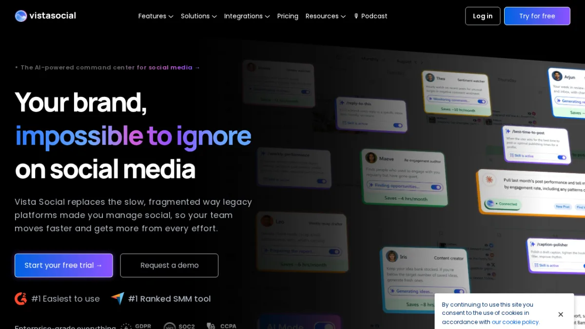 Vista Social-Startseite zeigt eine All-in-One-Social-Media-Management-Plattform mit Bewertungs- und DM-Management