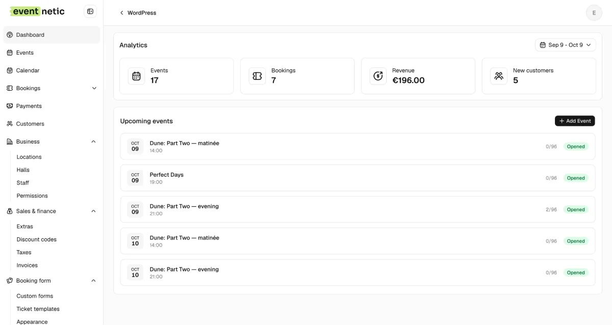 Eventnetic dedicated dashboard with analytics cards and upcoming events