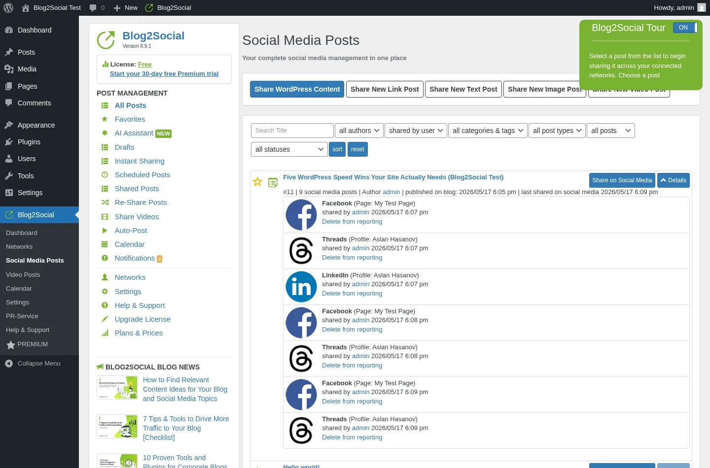 Blog2Social share log showing successful Facebook, Threads, and LinkedIn shares for a WordPress post