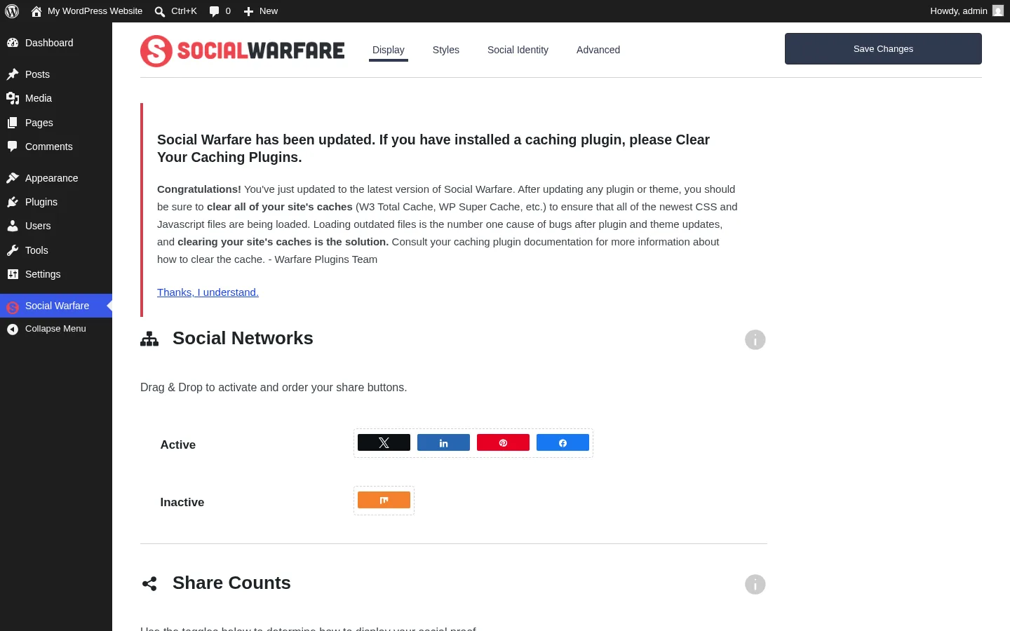 Social Warfare Display tab with the Social Networks drag-and-drop section