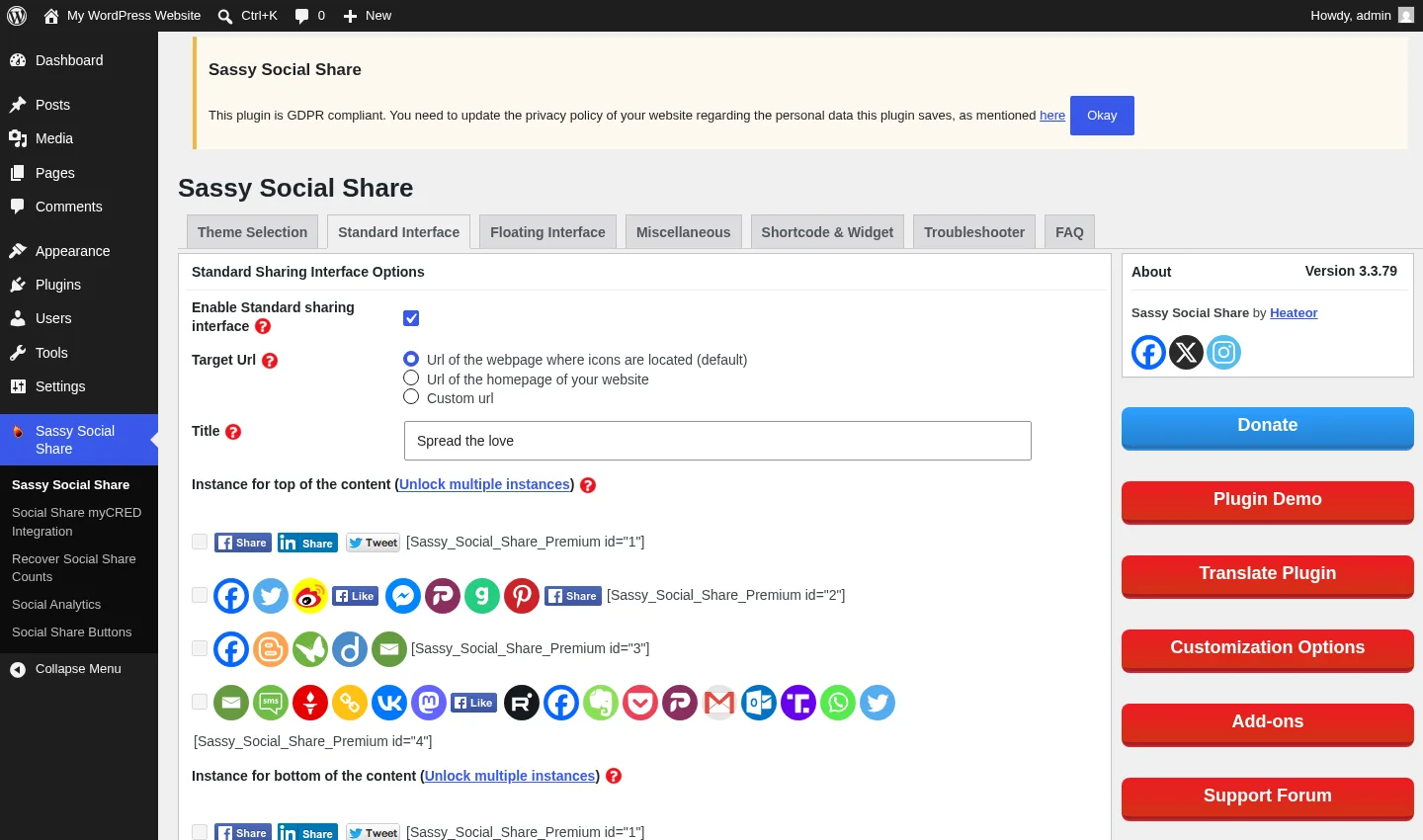 Sassy Social Share Standard Interface tab