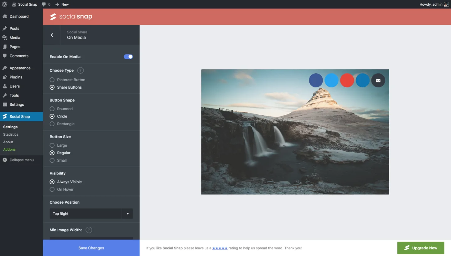 Social Snap WordPress plugin showing X Twitter share buttons follow icons click-to-tweet block on a post