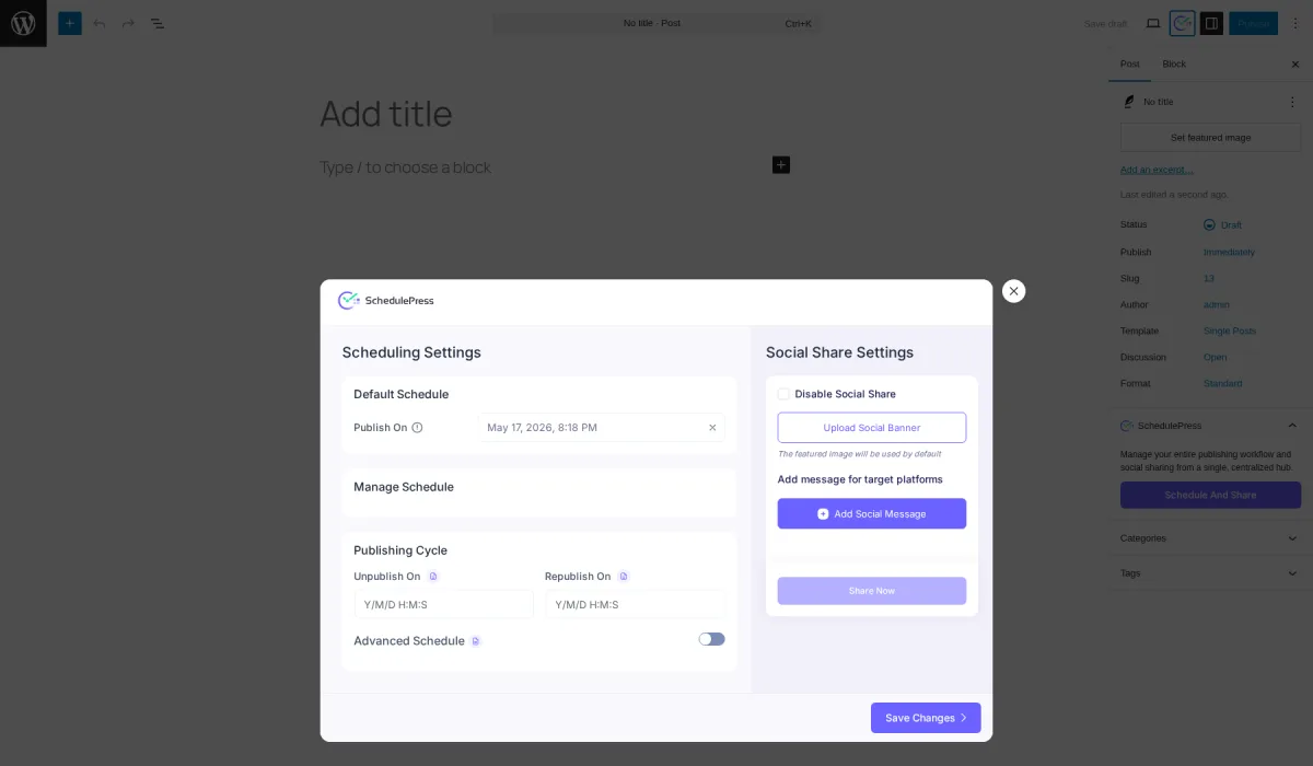 SchedulePress per-post Schedule and Share modal with scheduling settings on the left and social share settings on the right