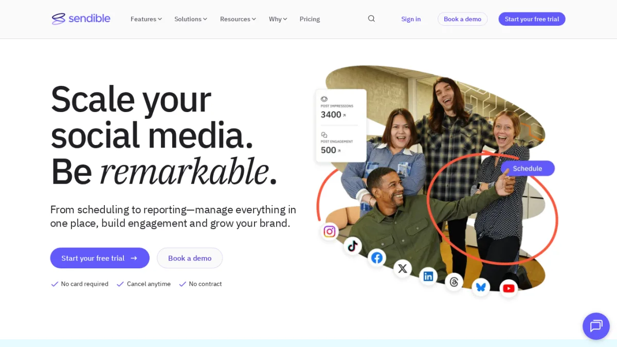 Sendible hero with Post Impressions and Post Engagement summary cards, a Schedule button and Facebook, Instagram, LinkedIn, TikTok, X, Threads, Bluesky and YouTube icons