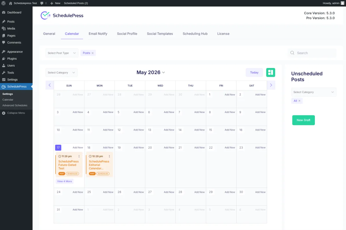SchedulePress drag-and-drop editorial calendar showing scheduled and published WordPress posts in May 2026