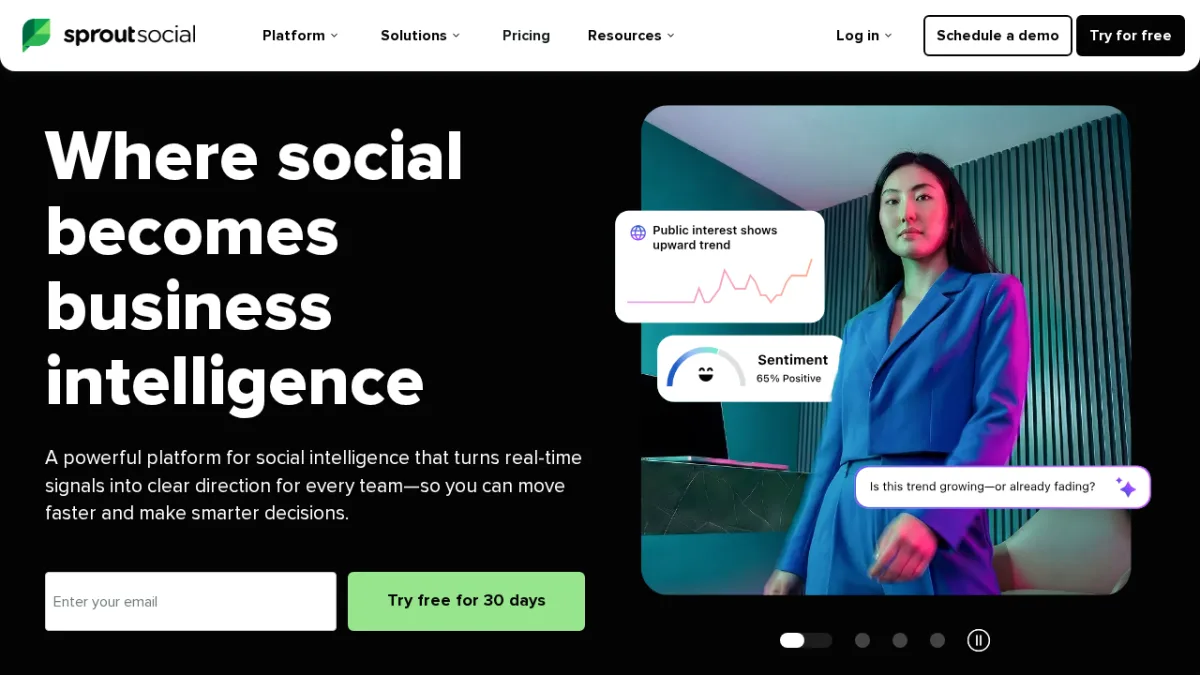 Sprout Social-Startseite zeigt eine Enterprise-Social-Intelligence- und Publishing-Plattform