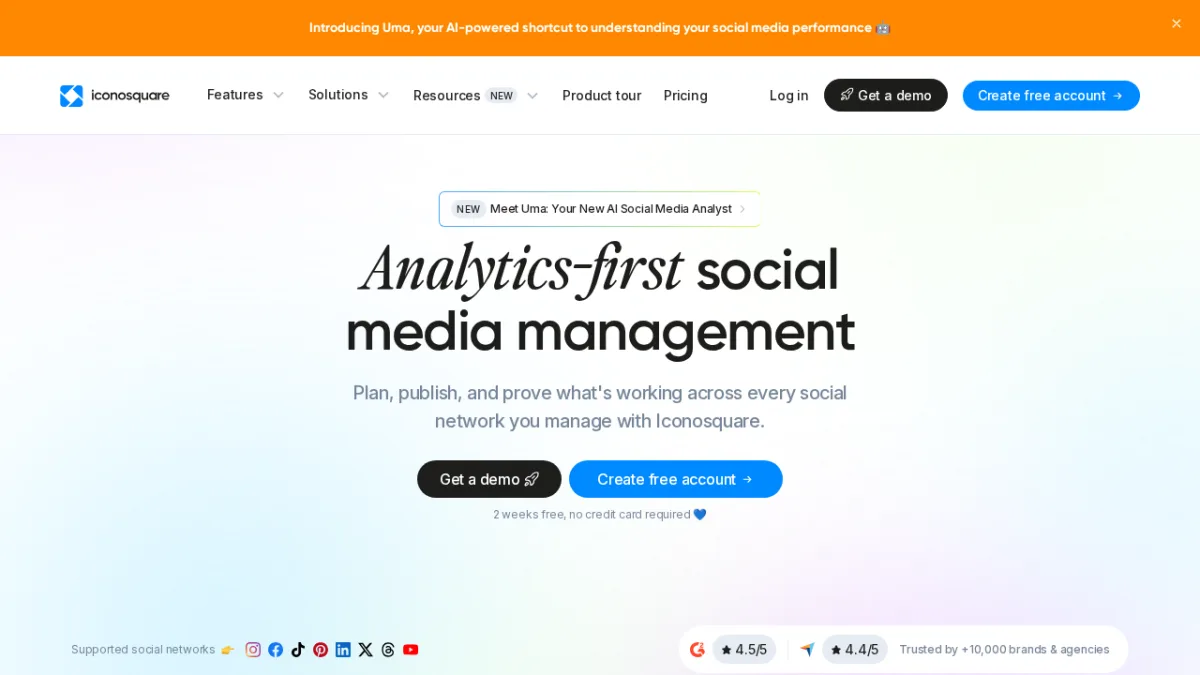 Iconosquare-Startseite zeigt eine fortgeschrittene Social-Media-Analytics-Plattform, spezialisiert auf Instagram-, TikTok- und Facebook-Daten