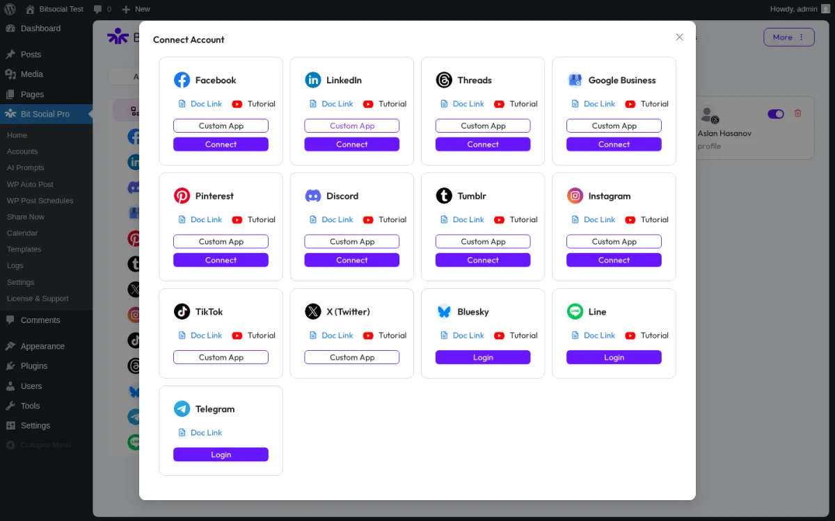 Bit Social Connect Account modal showing all 13 supported networks including Facebook, LinkedIn, Threads, Pinterest, X, TikTok, Bluesky, Line, and Telegram