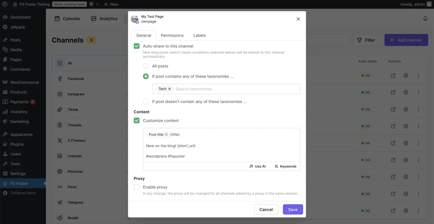 FS Poster per-channel Customize content editor with template-variable chips for post title and short URL, the Use AI and Keywords helpers, and a per-network caption template