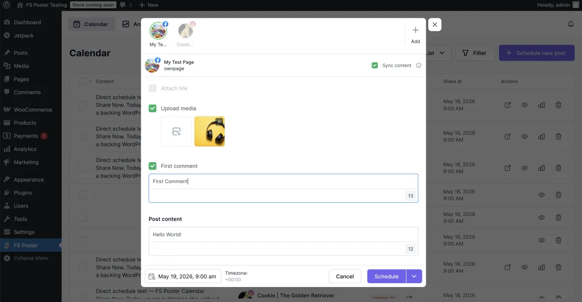 Modal Share Now del Calendario de FS Poster con pestañas por canal, editor de caption con contador de caracteres, imagen destacada adjunta, selector de fecha / hora / zona horaria y botón dividido Schedule con Share now en el desplegable