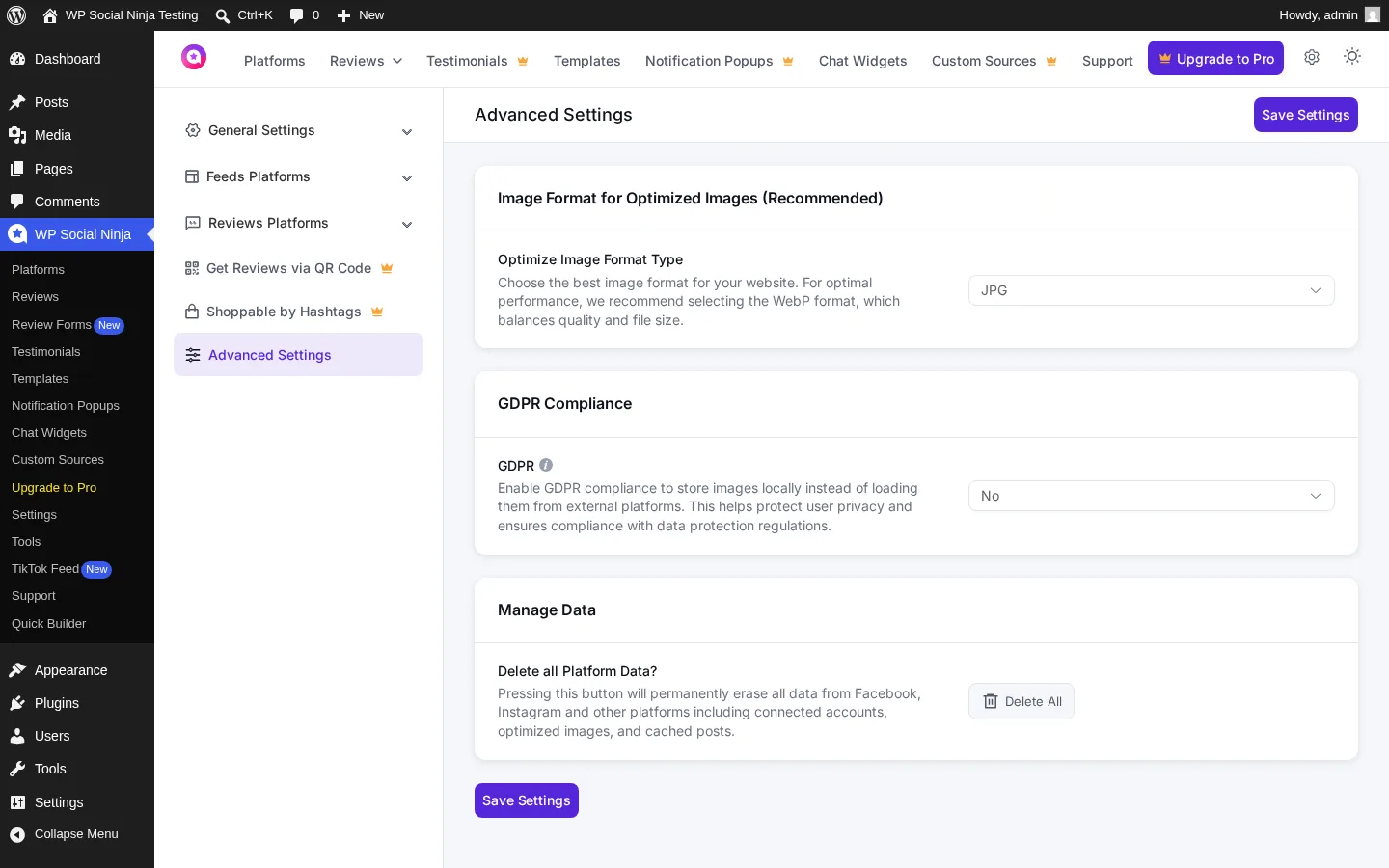 WP Social Ninja Advanced Settings with GDPR Compliance toggle, Image Format selector (JPG / WebP) and a Manage Data — Delete All button