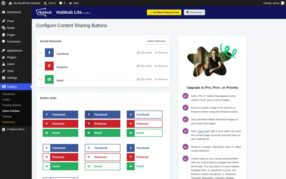 Página de configuración de Inline Content en Hubbub Lite