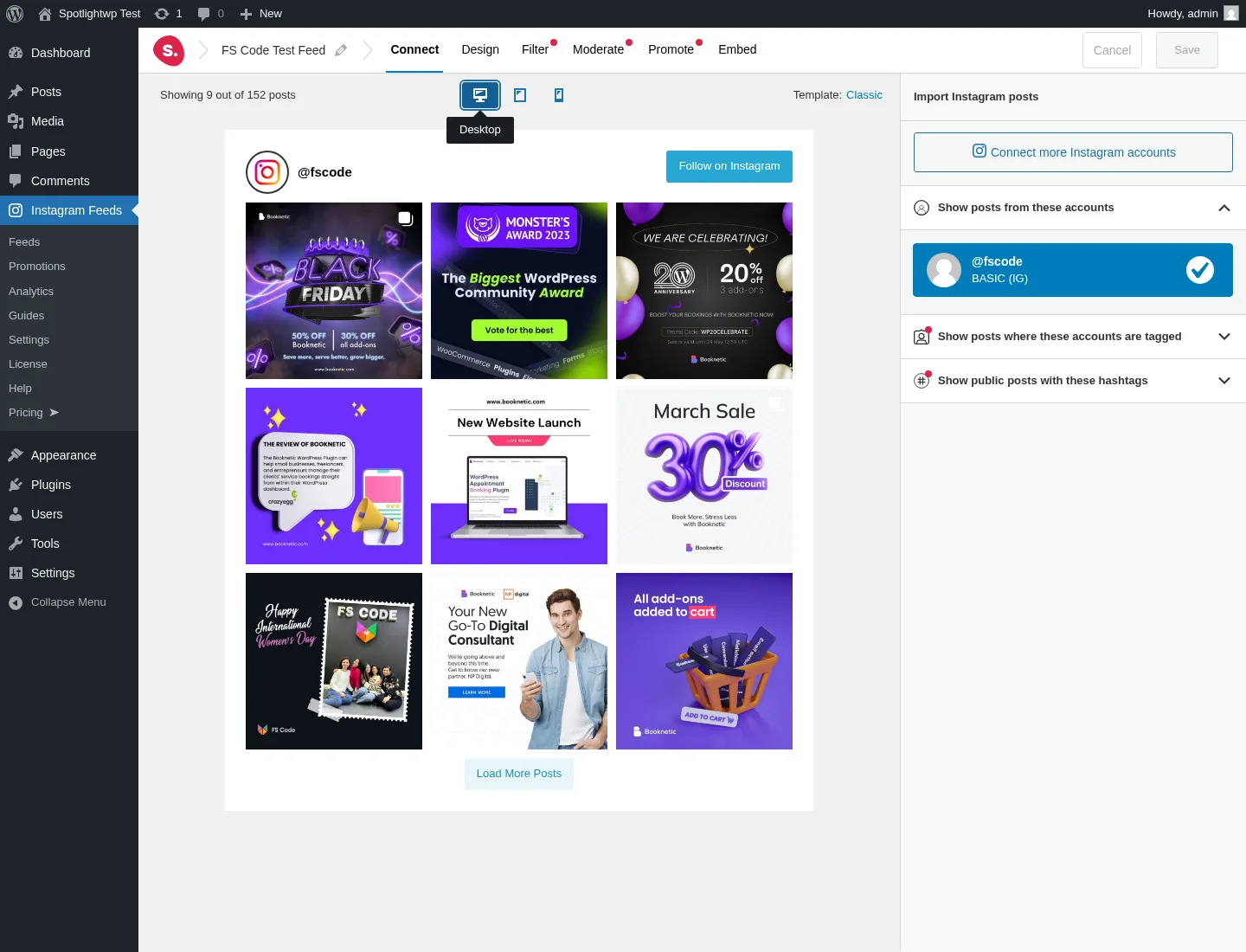 SpotlightWP feed editor with Desktop preview toggle active, showing the @fscode feed in the live preview