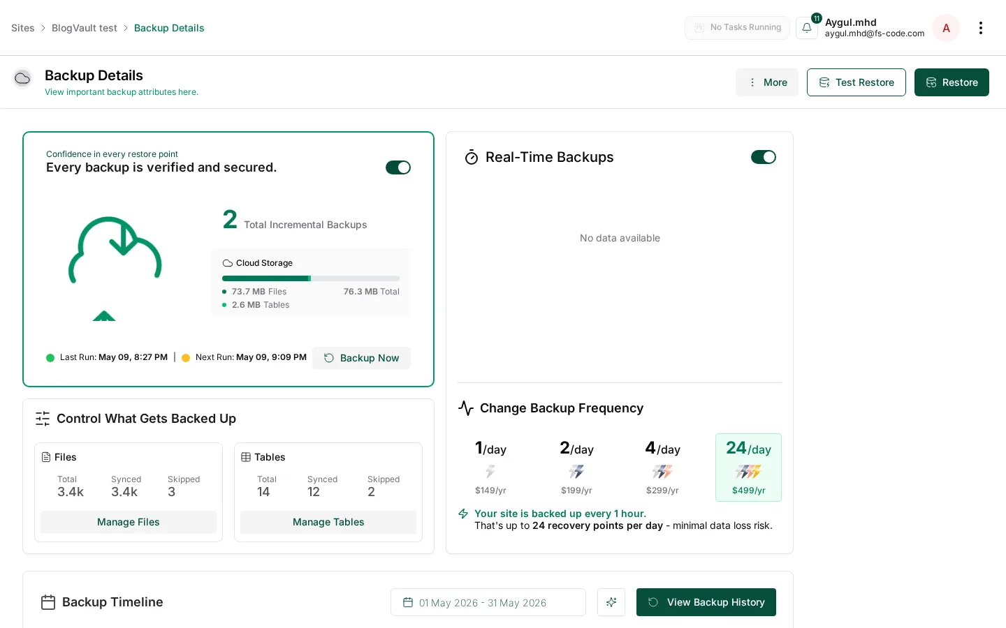 Detalles de la copia de seguridad: 2 instantáneas incrementales, controles de archivos/tablas, línea de tiempo