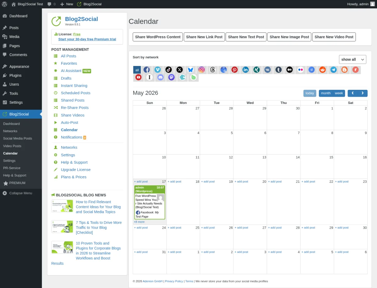 Calendario drag-and-drop de Blog2Social mostrando una publicación apilada en una celda de día