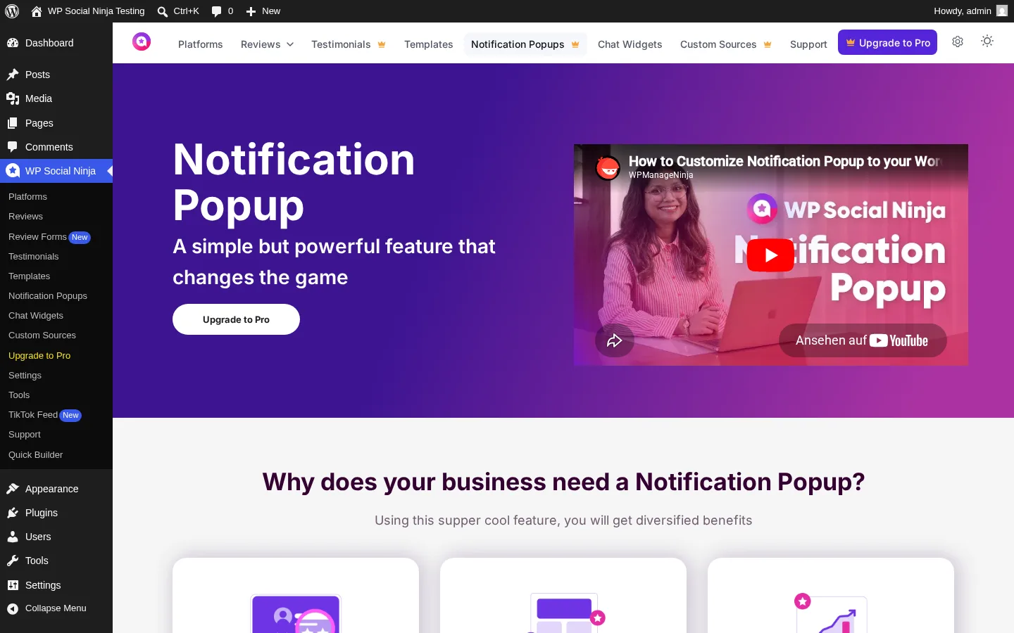 WP Social Ninja Notification Popups screen at free tier — wholly an upsell page with "A simple but powerful feature that changes the game" and Upgrade to Pro CTAs