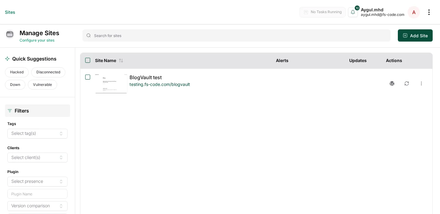 Lista de sitios de BlogVault con filtros rápidos y la barra lateral de filtros de agencia