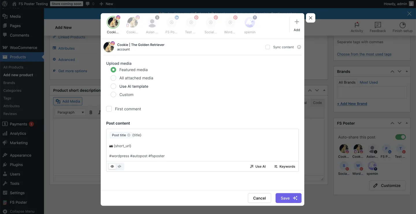 FS Poster Customize modal opened on a WooCommerce product edit screen, configuring per-channel auto-share content across all nine connected social channels with the Auto-share toggle enabled