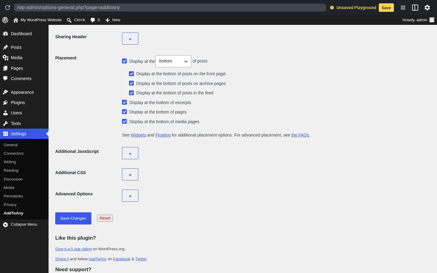 AddToAny Standard tab — Placement section