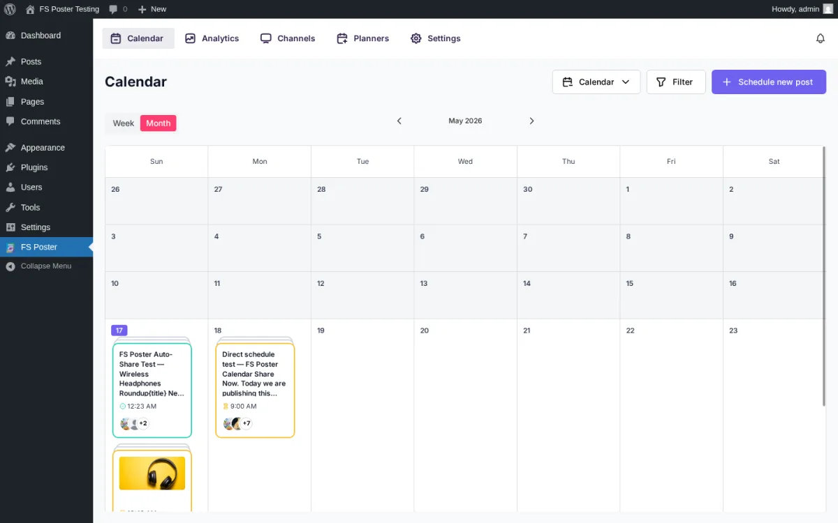 FS Poster Calendar Month view rendering a mix of immediate Share Now cards, one-off direct-schedule cards, and recurring planner-driven evergreen reshare cards across multiple days on the same grid