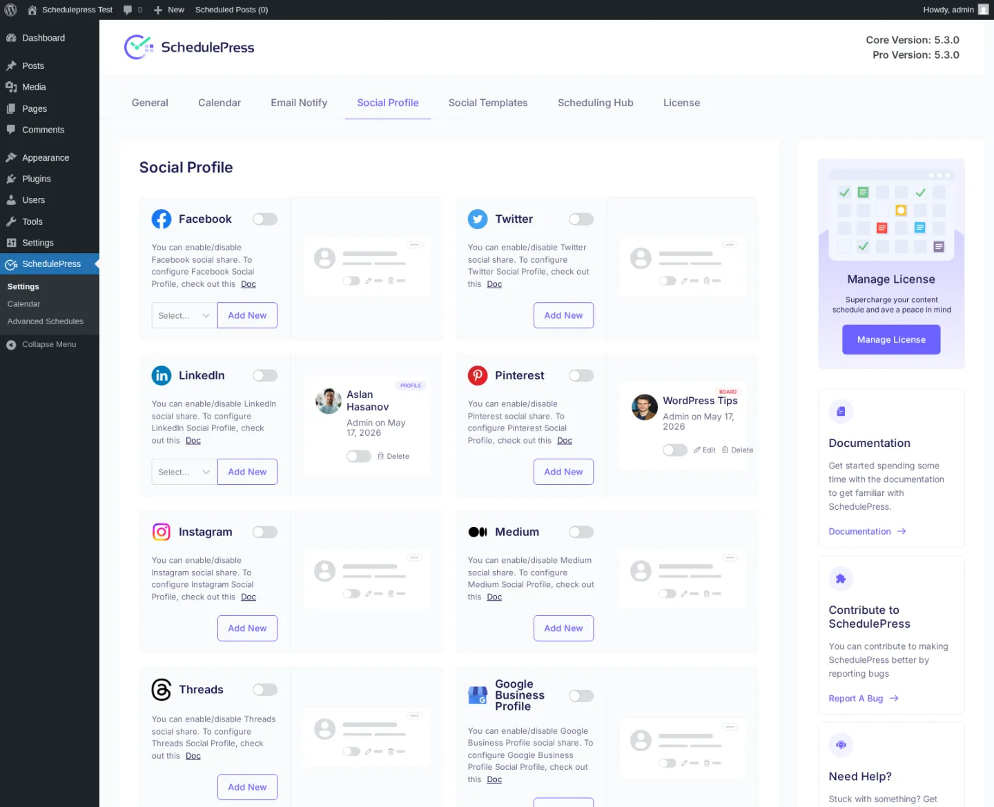 SchedulePress Social Profile tab showing all eight supported networks: Facebook, Twitter, LinkedIn, Pinterest, Instagram, Medium, Threads, and Google Business Profile