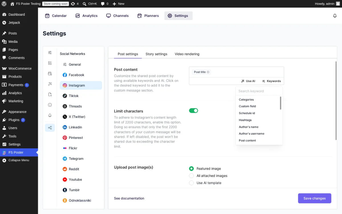 FS Poster Instagram Post settings with the Keywords popover open, listing the available post-variable tokens (Categories, Custom field, Schedule id, Hashtags, Author's name, Author's username, Post content) next to the Post content editor and the Post title chip