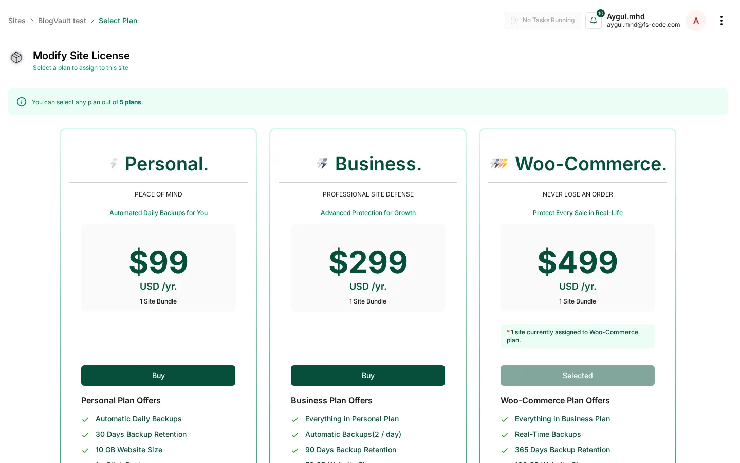 Pantalla de precios en la aplicación: personal, empresarial, WooCommerce, gratis, Fortify
