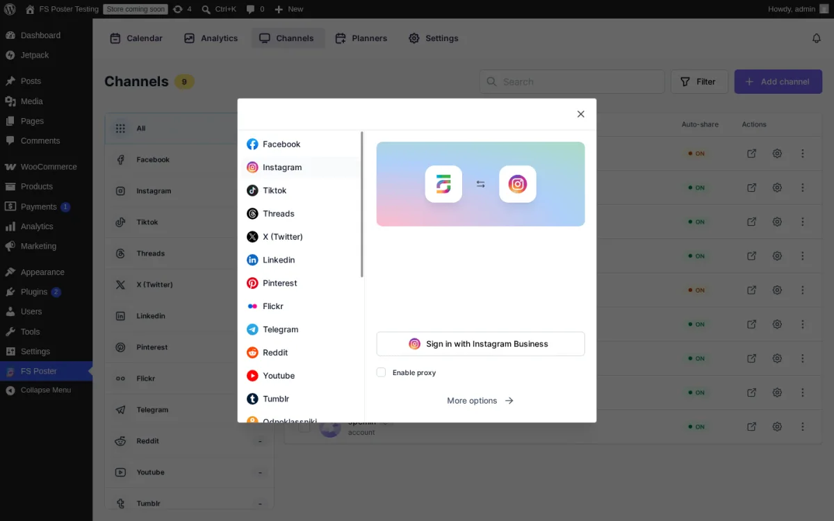 FS Poster Add channel modal showing the Instagram add-account screen, with the network picker on the left, the FS Poster and Instagram brand icons in the connect panel, a Sign in with Instagram Business primary button, an Enable proxy checkbox, and a More options link for the advanced path