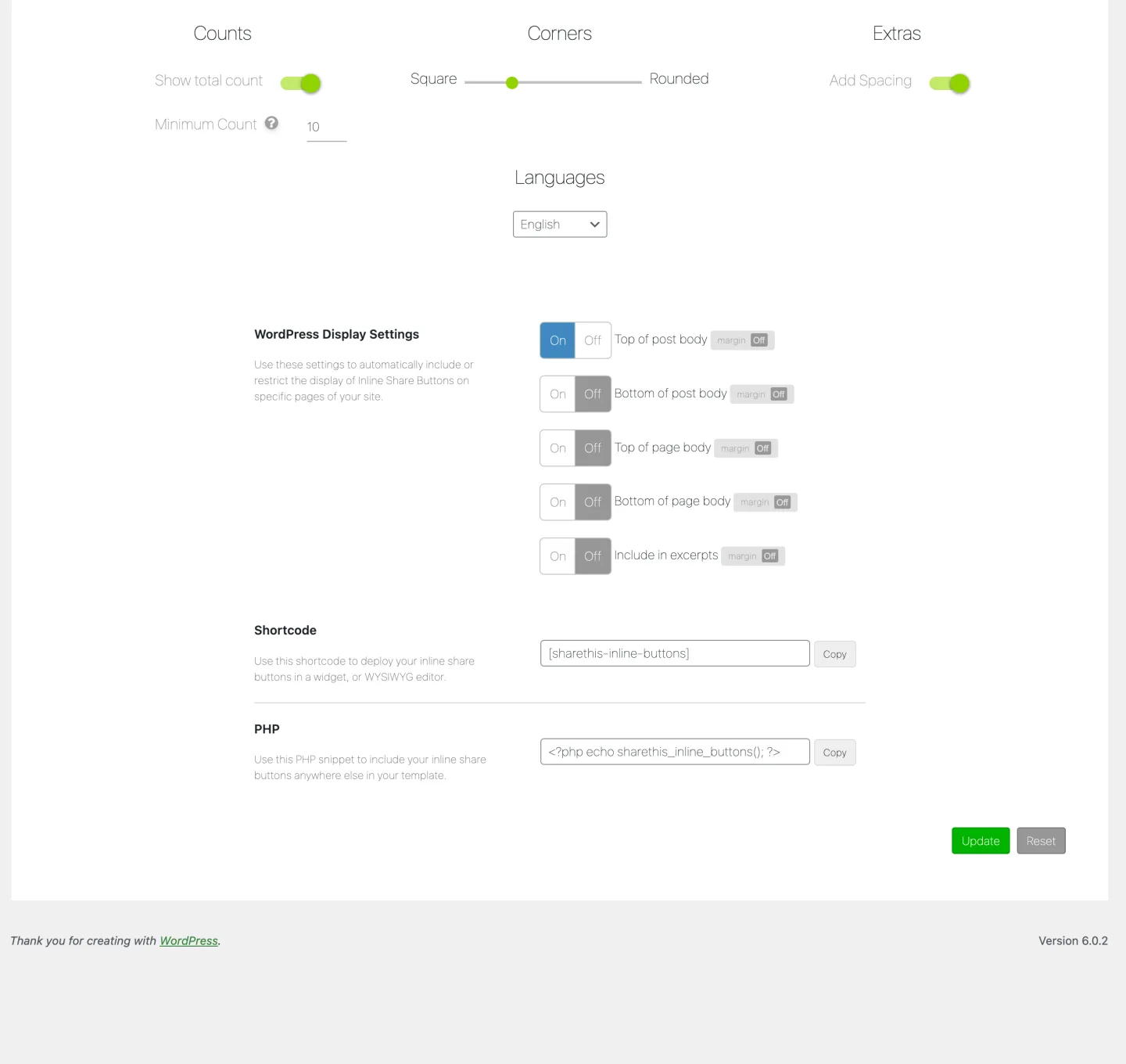ShareThis Share Buttons admin — Sticky tab (vendor screenshot)