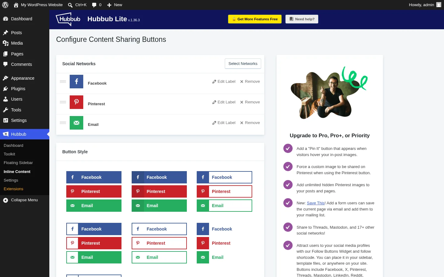 Hubbub Lite Inline Content settings page
