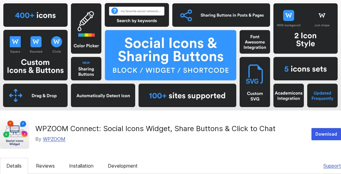 رأس صفحة إضافة Social Icons Widget & Block من WPZOOM على WordPress.org مع شارات +400 أيقونة وأزرار مشاركة ومنتقي ألوان وأيقونات مخصّصة ودعم 100+ موقع والسحب والإفلات و5 مجموعات أيقونات